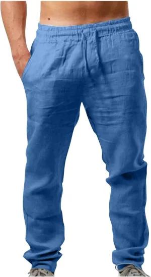 Mens Cotton Linen Drawstring Pants Fashion Elastic Waist Pant Summer Business Casual Trousers Vacation Outing Clothes