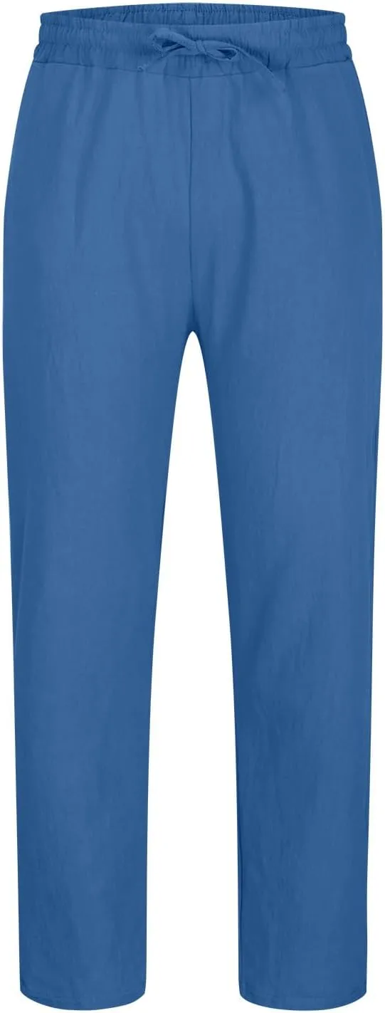 Mens Cotton Linen Drawstring Pants Fashion Elastic Waist Pant Summer Business Casual Trousers Vacation Outing Clothes