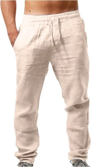 Mens Cotton Linen Drawstring Pants Fashion Elastic Waist Pant Summer Business Casual Trousers Vacation Outing Clothes