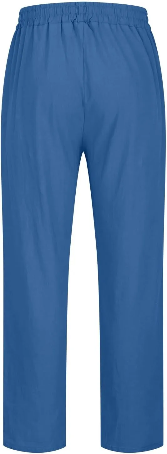 Mens Cotton Linen Drawstring Pants Fashion Elastic Waist Pant Summer Business Casual Trousers Vacation Outing Clothes