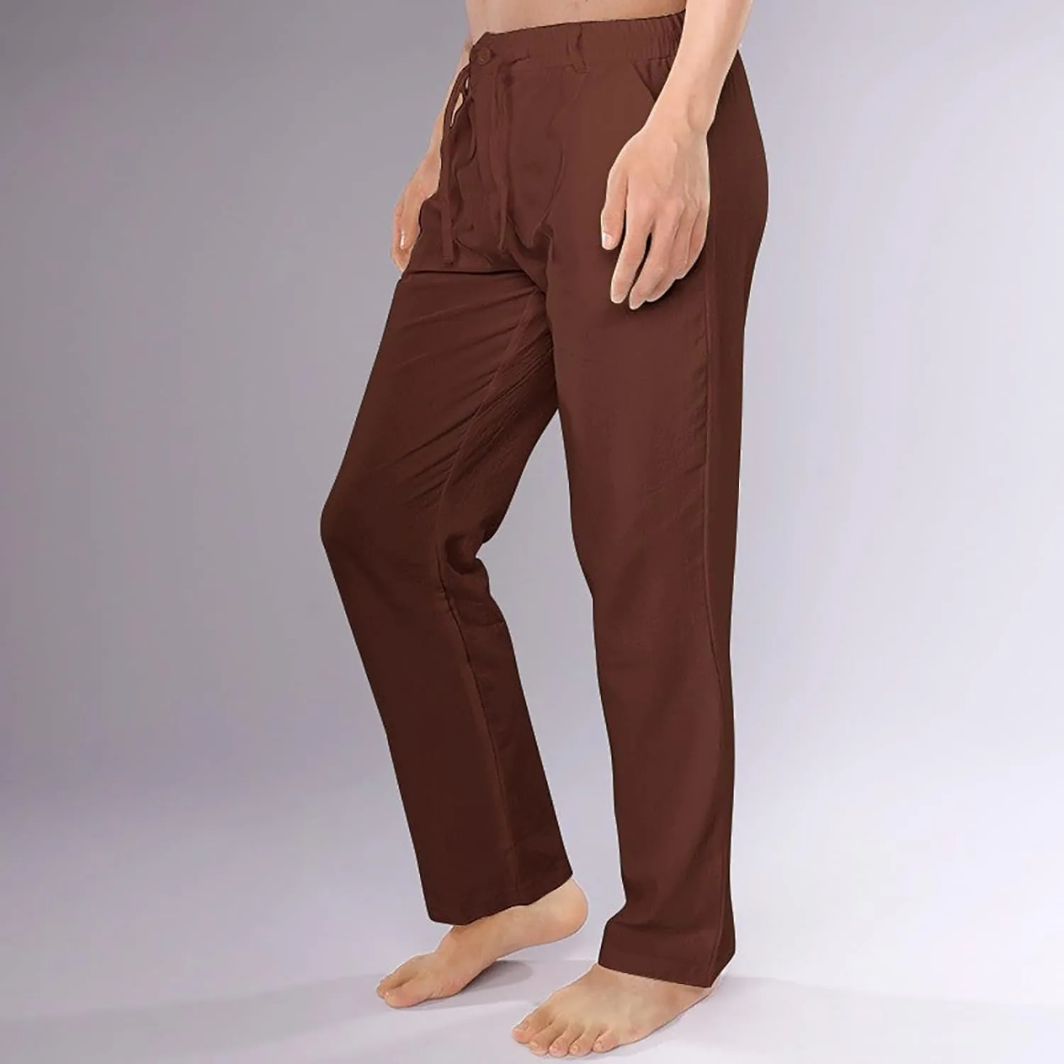 Mens Cotton Linen Pants Casual Elastic Waist Drawstring Lightweight Beach Holiday Travel Trousers with Pockets