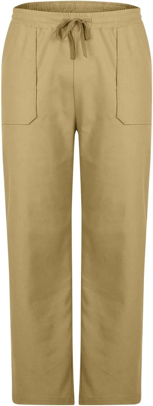 Men's Cotton Linen Pants Casual Work Pant Spring Business Elastic Drawstring Waist Trousers 2025 Solid Comfy Outfits