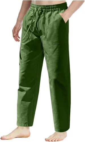 Men's Cotton Linen Pants Casual Work Pant Spring Business Elastic Drawstring Waist Trousers 2025 Solid Comfy Outfits