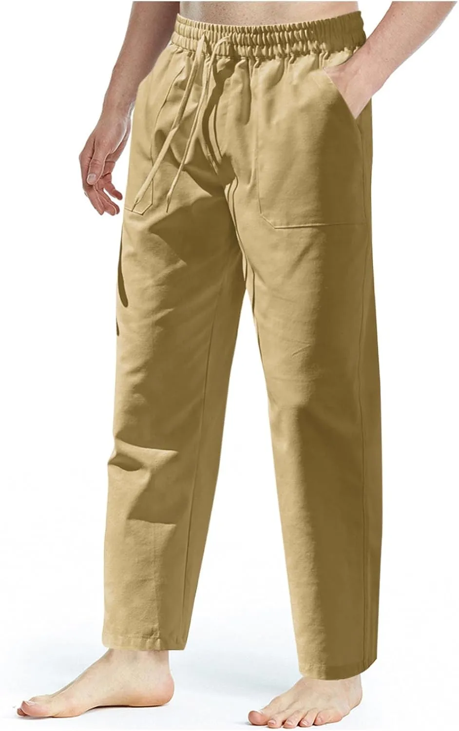 Men's Cotton Linen Pants Casual Work Pant Spring Business Elastic Drawstring Waist Trousers 2025 Solid Comfy Outfits