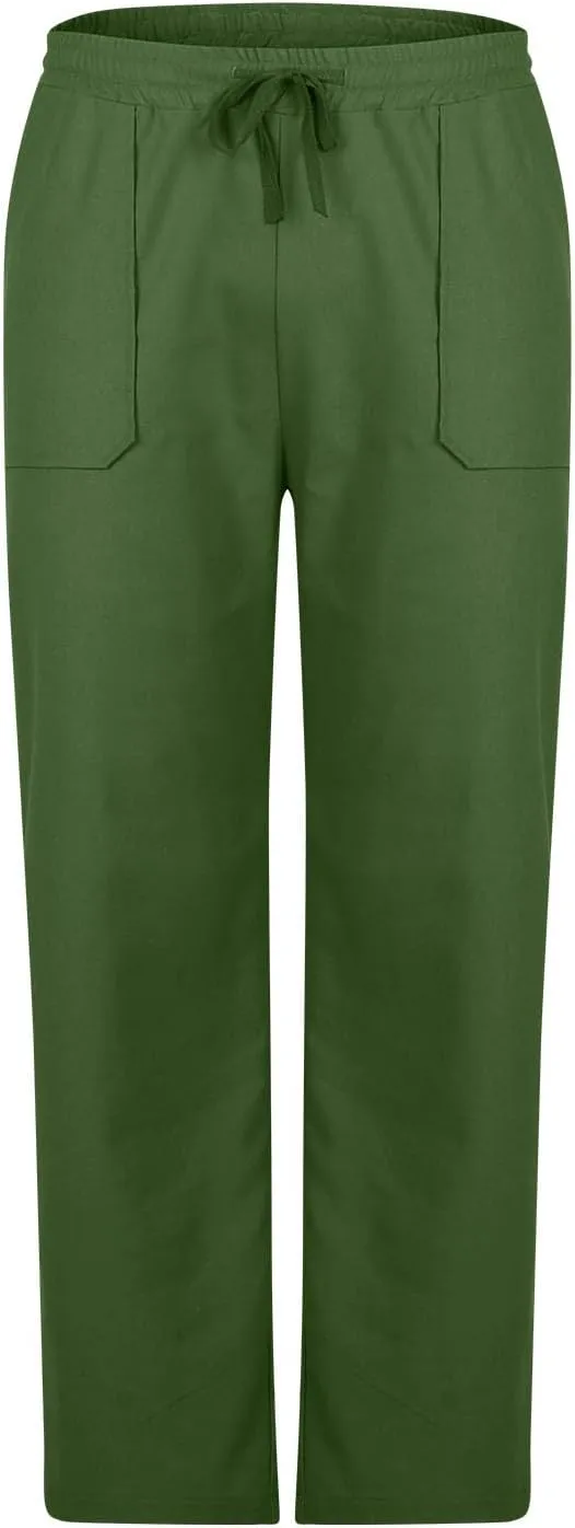 Men's Cotton Linen Pants Casual Work Pant Spring Business Elastic Drawstring Waist Trousers 2025 Solid Comfy Outfits