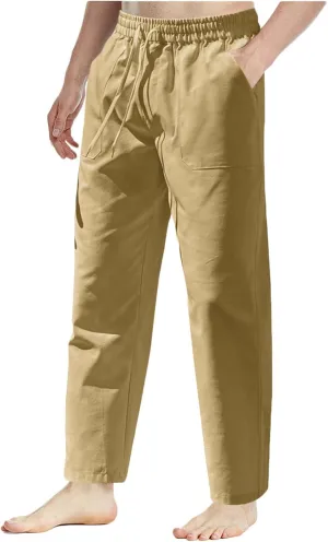 Men's Cotton Linen Pants Casual Work Pant Spring Business Elastic Drawstring Waist Trousers 2025 Solid Comfy Outfits
