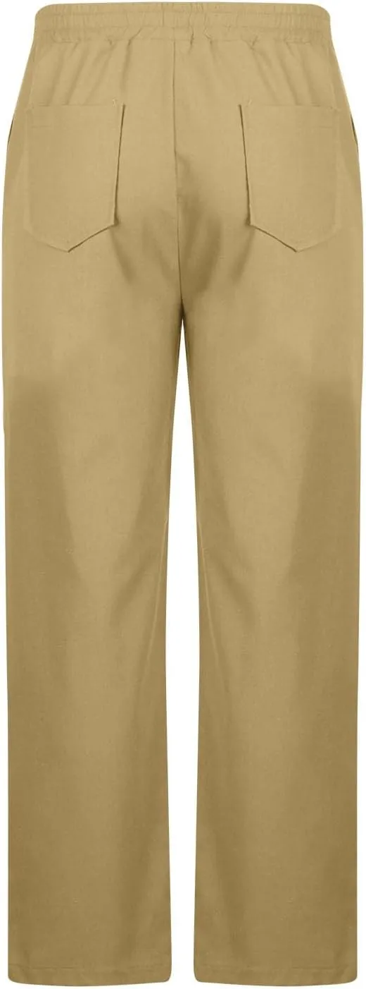 Men's Cotton Linen Pants Casual Work Pant Spring Business Elastic Drawstring Waist Trousers 2025 Solid Comfy Outfits