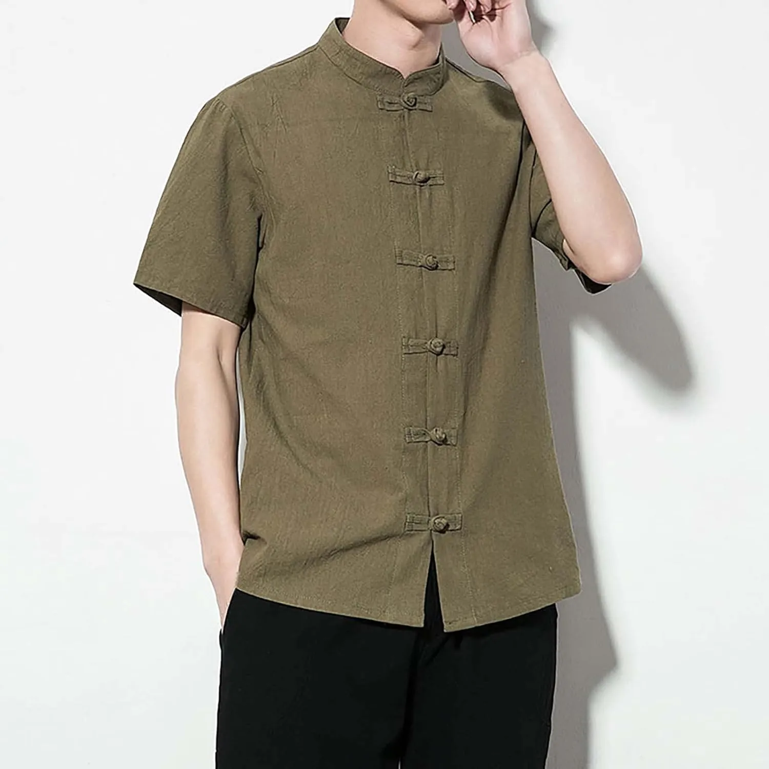 Mens Cotton Linen Short Sleeve Kung Fu Tai Chi Shirts Stand Up Collar Frog-Button Martial Arts Shirts Enthic Style Shirts