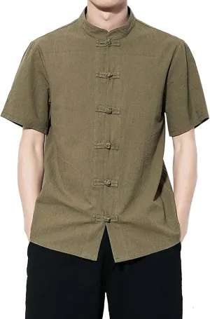 Mens Cotton Linen Short Sleeve Kung Fu Tai Chi Shirts Stand Up Collar Frog-Button Martial Arts Shirts Enthic Style Shirts