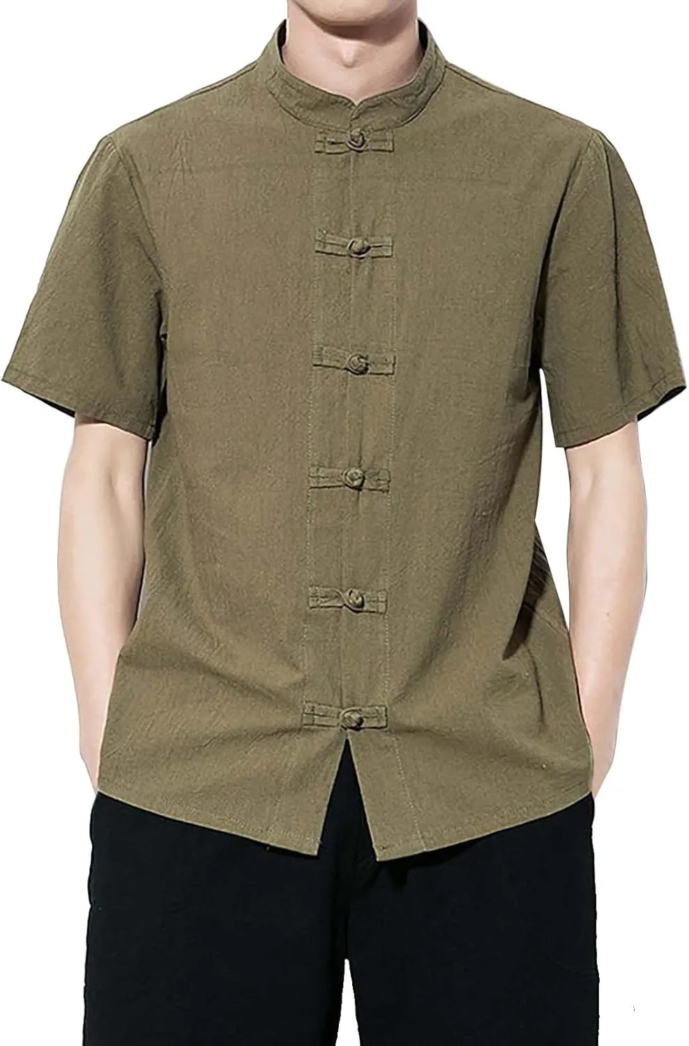 Mens Cotton Linen Short Sleeve Kung Fu Tai Chi Shirts Stand Up Collar Frog-Button Martial Arts Shirts Enthic Style Shirts