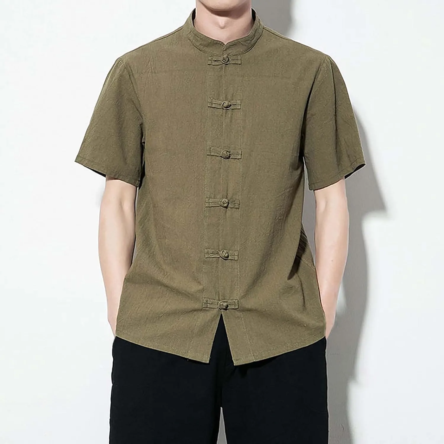 Mens Cotton Linen Short Sleeve Kung Fu Tai Chi Shirts Stand Up Collar Frog-Button Martial Arts Shirts Enthic Style Shirts
