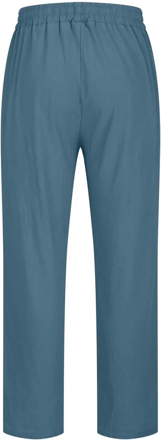 Men's Cotton Linen Trousers Casual Elastic Waist Pants Yoga Pants Straight Leg Sweatpant Drawstring Pants Quick Dry