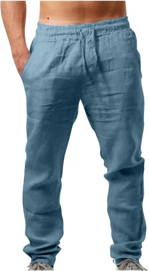 Men's Cotton Linen Trousers Casual Elastic Waist Pants Yoga Pants Straight Leg Sweatpant Drawstring Pants Quick Dry