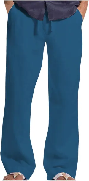 Mens Elastic Waist Drawstring Pants Lightweight Casual Straight Yoga Trouser Summer Joggers Beach Pant with Pocket