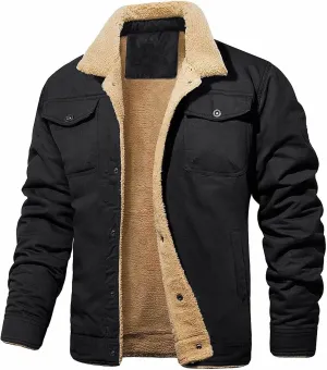 Mens Fleece Lined Cargo Jackets Turn Down Collared Bomber Jackets Slim Fit Winter Coat with Mutil Pockets Work Jacket