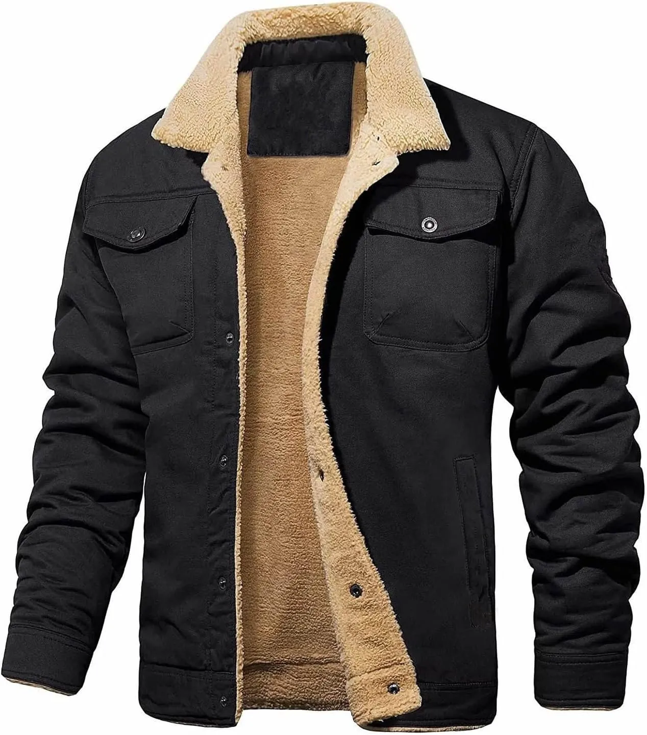 Mens Fleece Lined Cargo Jackets Turn Down Collared Bomber Jackets Slim Fit Winter Coat with Mutil Pockets Work Jacket