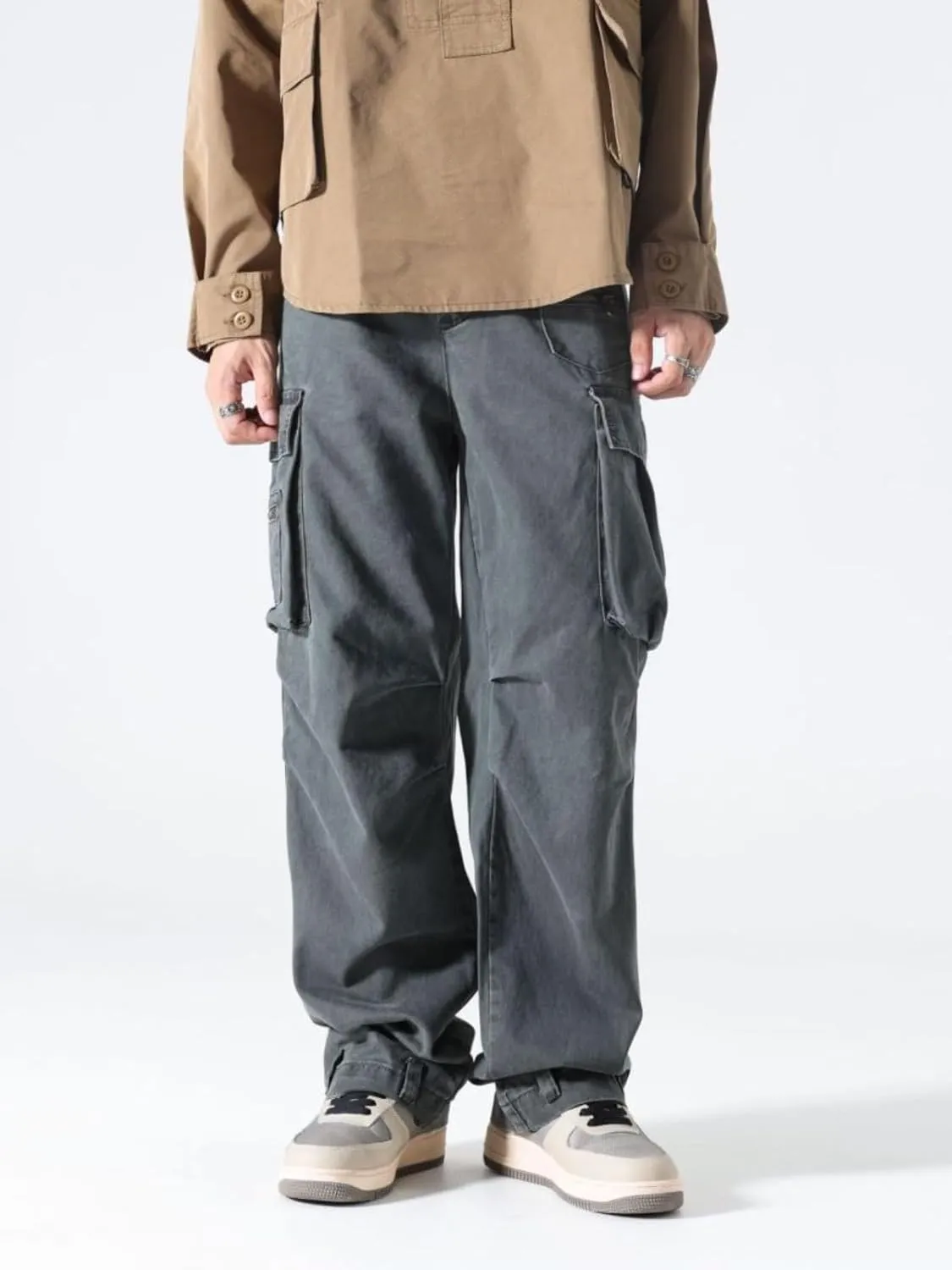 Men's High-Street Cargo Pants,Multi-Pocket,Straight-Leg Loose Versatile Casual Trousers