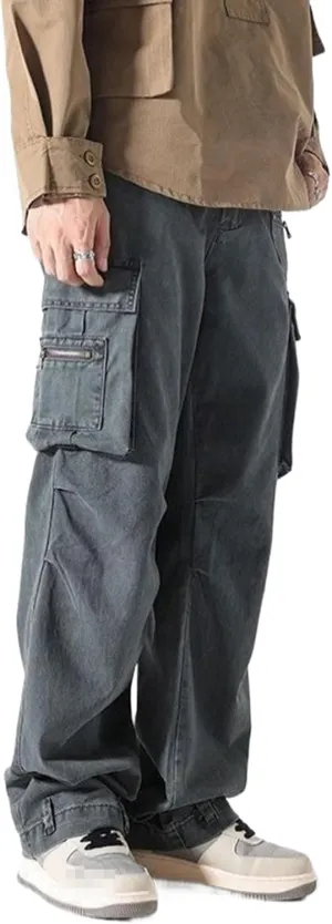 Men's High-Street Cargo Pants,Multi-Pocket,Straight-Leg Loose Versatile Casual Trousers