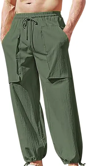 Men's Pants Fashion Summer Comfy Elastic Waist Long Pant Solid Color Casual Relaxed Fit Trousers with Pockets