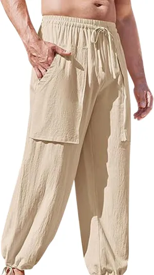 Men's Pants Fashion Summer Comfy Elastic Waist Long Pant Solid Color Casual Relaxed Fit Trousers with Pockets