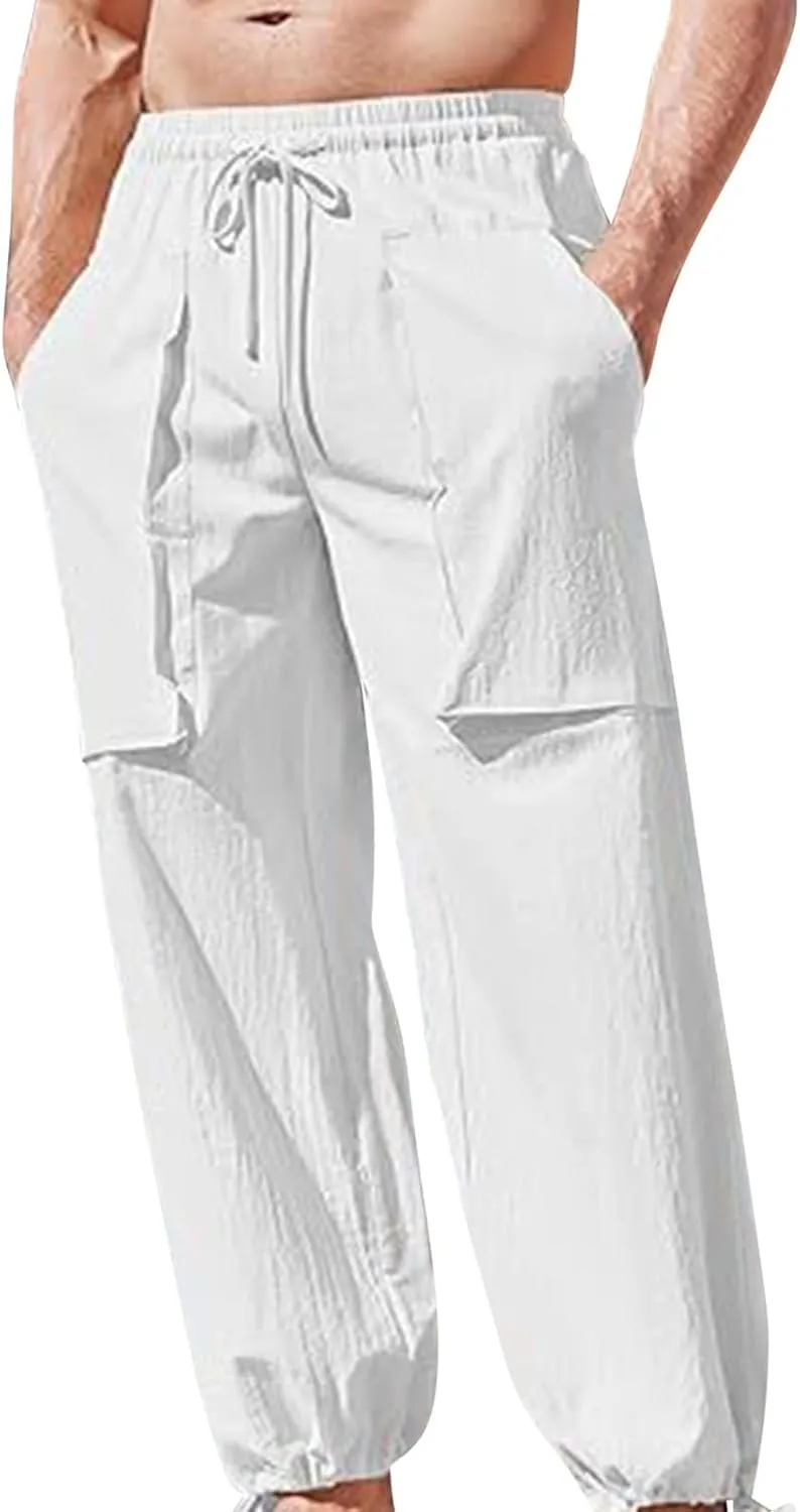 Men's Pants Fashion Summer Comfy Elastic Waist Long Pant Solid Color Casual Relaxed Fit Trousers with Pockets