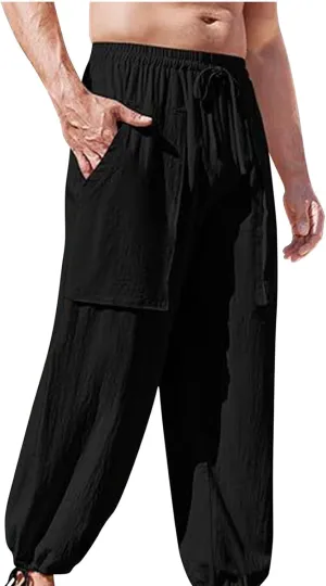 Men's Pants Fashion Summer Comfy Elastic Waist Long Pant Solid Color Casual Relaxed Fit Trousers with Pockets