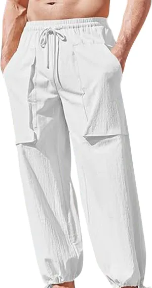 Men's Pants Fashion Summer Comfy Elastic Waist Long Pant Solid Color Casual Relaxed Fit Trousers with Pockets