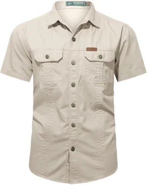 Mens Safari Shirts Cargo Work Shirt Military Tops Button Down Army Tactical Shirt Summer Outdoor Fishing Camping Tops
