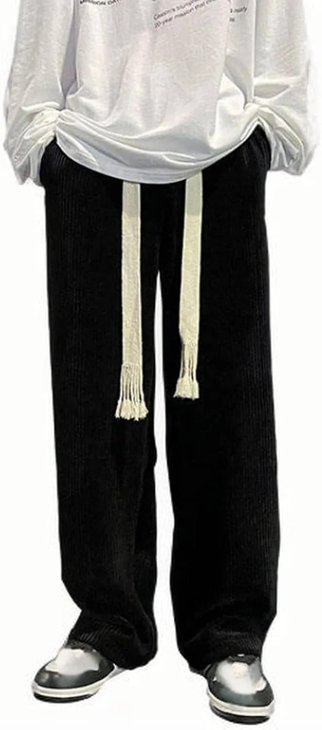 Men's Straight Fit Trousers Elastic Waist Pants Casual Stripe Pant Plus Size Wide Leg Baggy Trouser Gym Jogging Bottoms