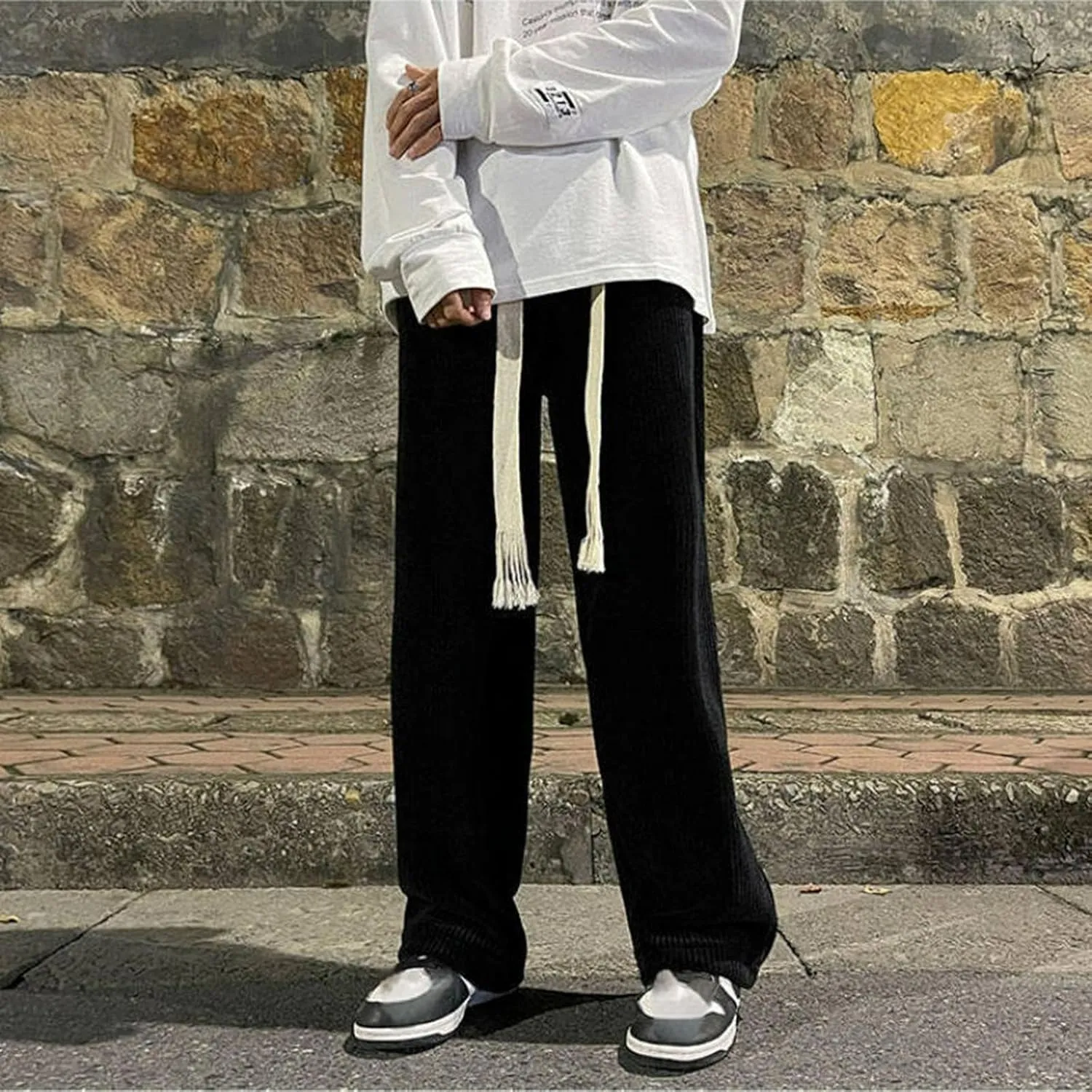Men's Straight Fit Trousers Elastic Waist Pants Casual Stripe Pant Plus Size Wide Leg Baggy Trouser Gym Jogging Bottoms