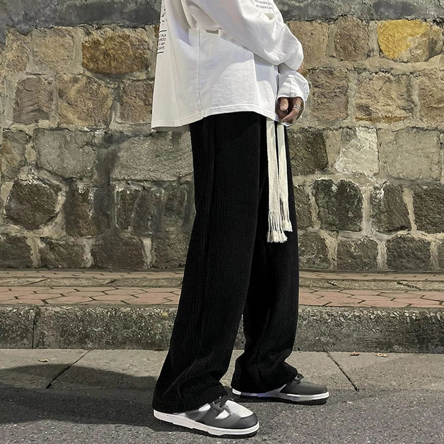 Men's Straight Fit Trousers Elastic Waist Pants Casual Stripe Pant Plus Size Wide Leg Baggy Trouser Gym Jogging Bottoms
