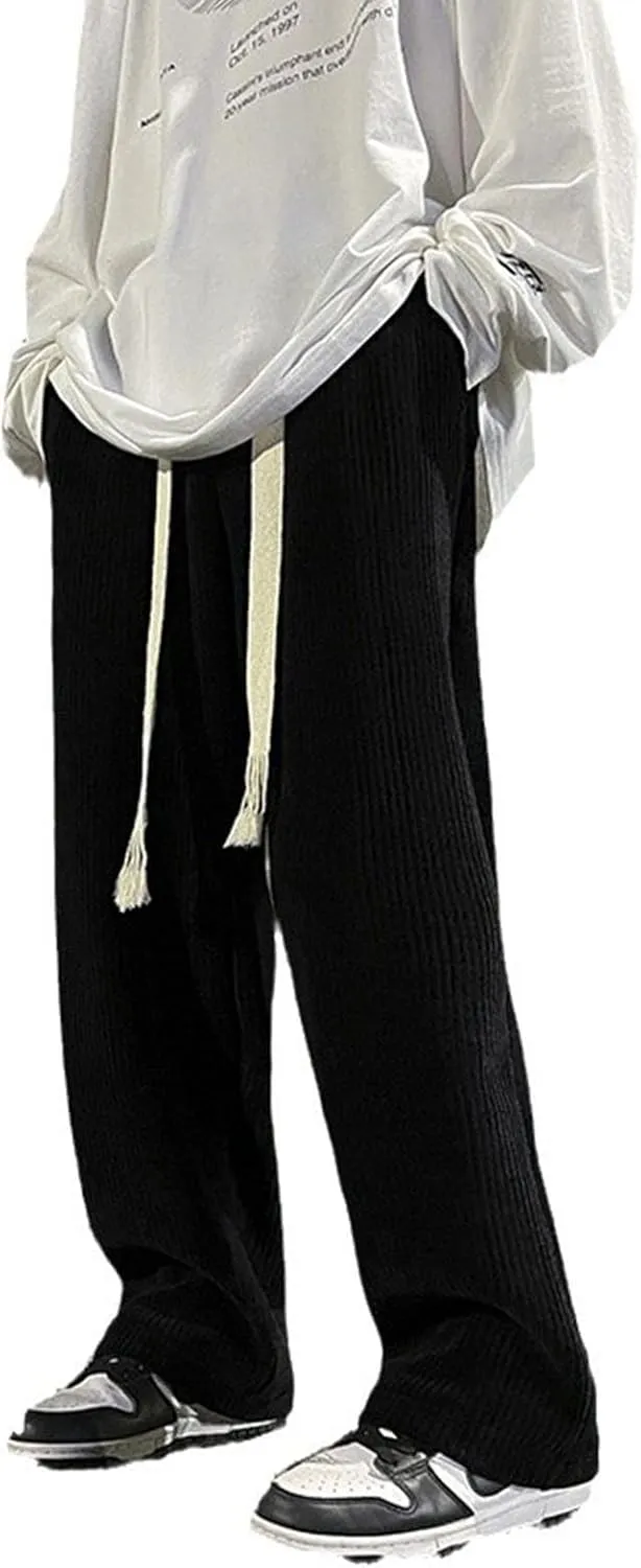 Men's Straight Fit Trousers Elastic Waist Pants Casual Stripe Pant Plus Size Wide Leg Baggy Trouser Gym Jogging Bottoms