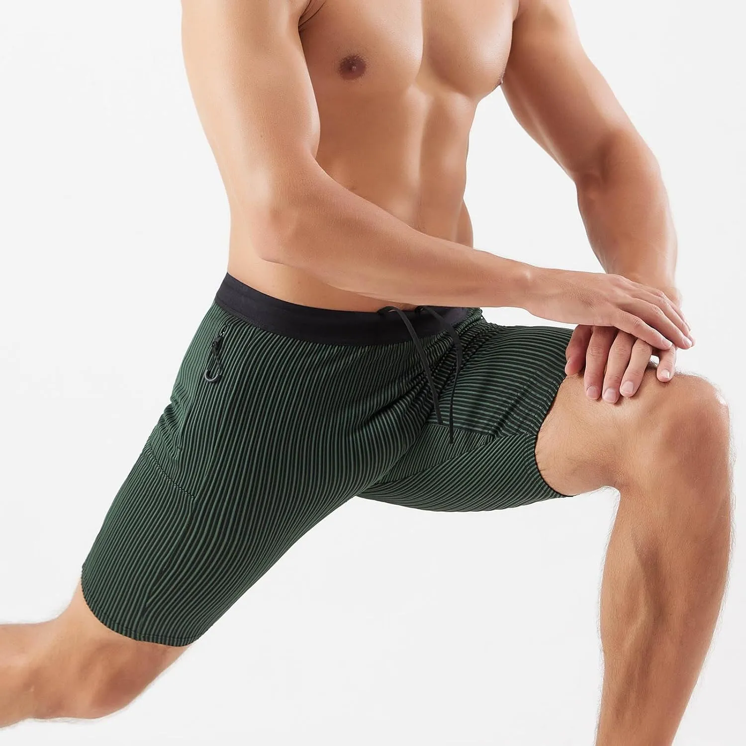 Men's Stripe Performance Compression Stretch Workout Shorts Quick Dry Running Gym Athletic Shorts with Zip Pockets