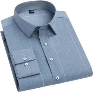 Men's Striped Elastic Formal Shirt Business Casual Regular Fit Long Sleeve Button Down Shirt