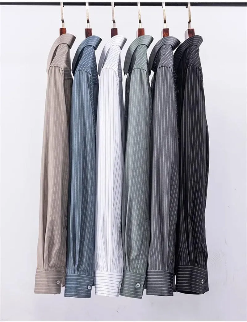 Men's Striped Elastic Formal Shirt Business Casual Regular Fit Long Sleeve Button Down Shirt