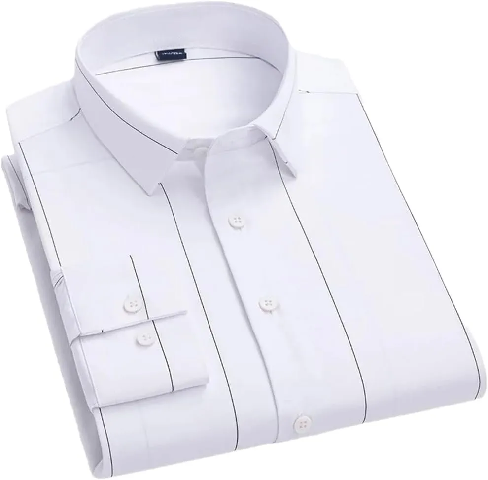 Men's Striped Elastic Formal Shirt Business Casual Regular Fit Long Sleeve Button Down Shirt