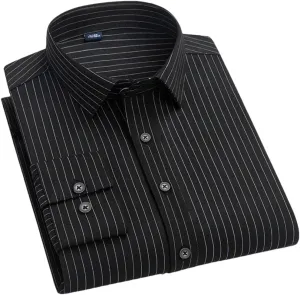 Men's Striped Elastic Formal Shirt Business Casual Regular Fit Long Sleeve Button Down Shirt