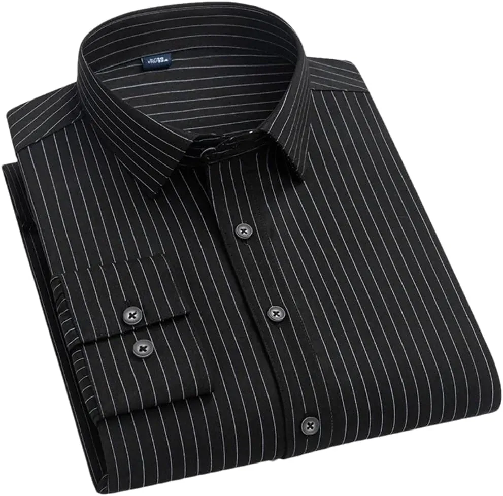 Men's Striped Elastic Formal Shirt Business Casual Regular Fit Long Sleeve Button Down Shirt