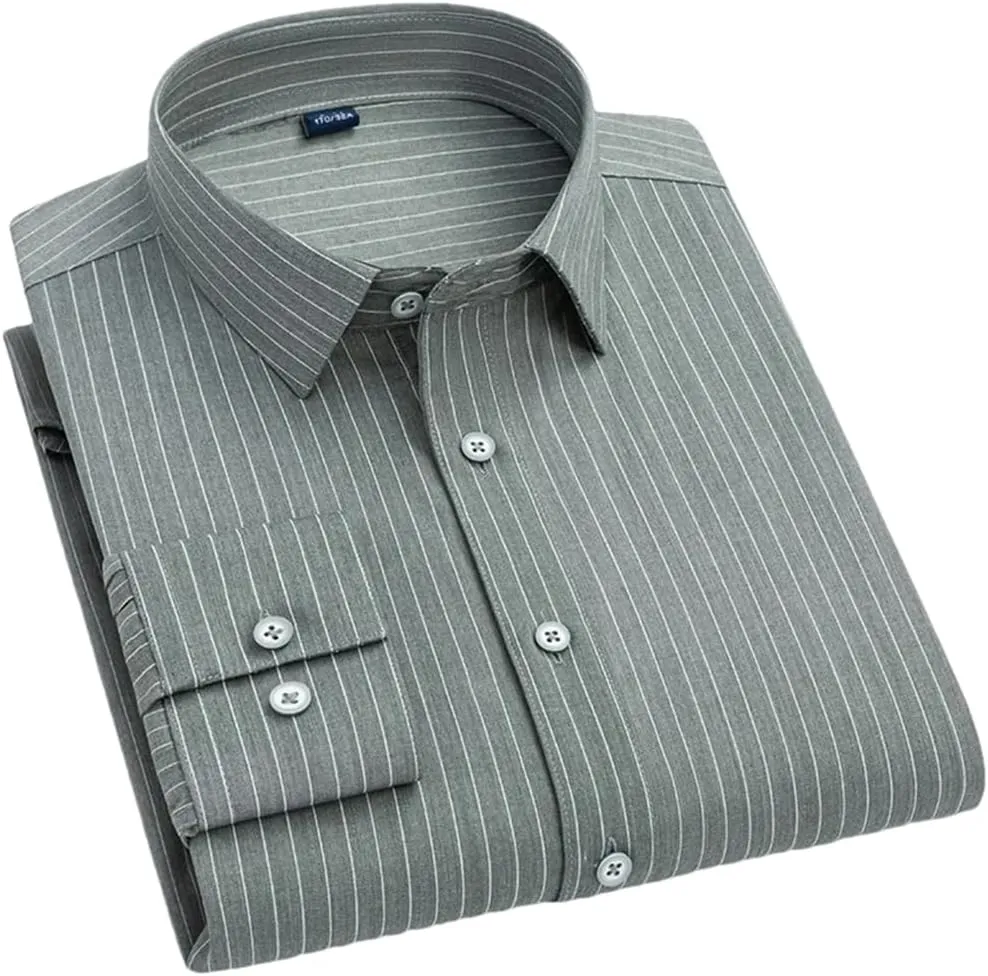 Men's Striped Elastic Formal Shirt Business Casual Regular Fit Long Sleeve Button Down Shirt