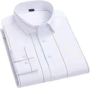 Men's Striped Elastic Formal Shirt Business Casual Regular Fit Long Sleeve Button Down Shirt