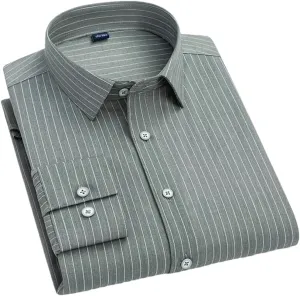 Men's Striped Elastic Formal Shirt Business Casual Regular Fit Long Sleeve Button Down Shirt