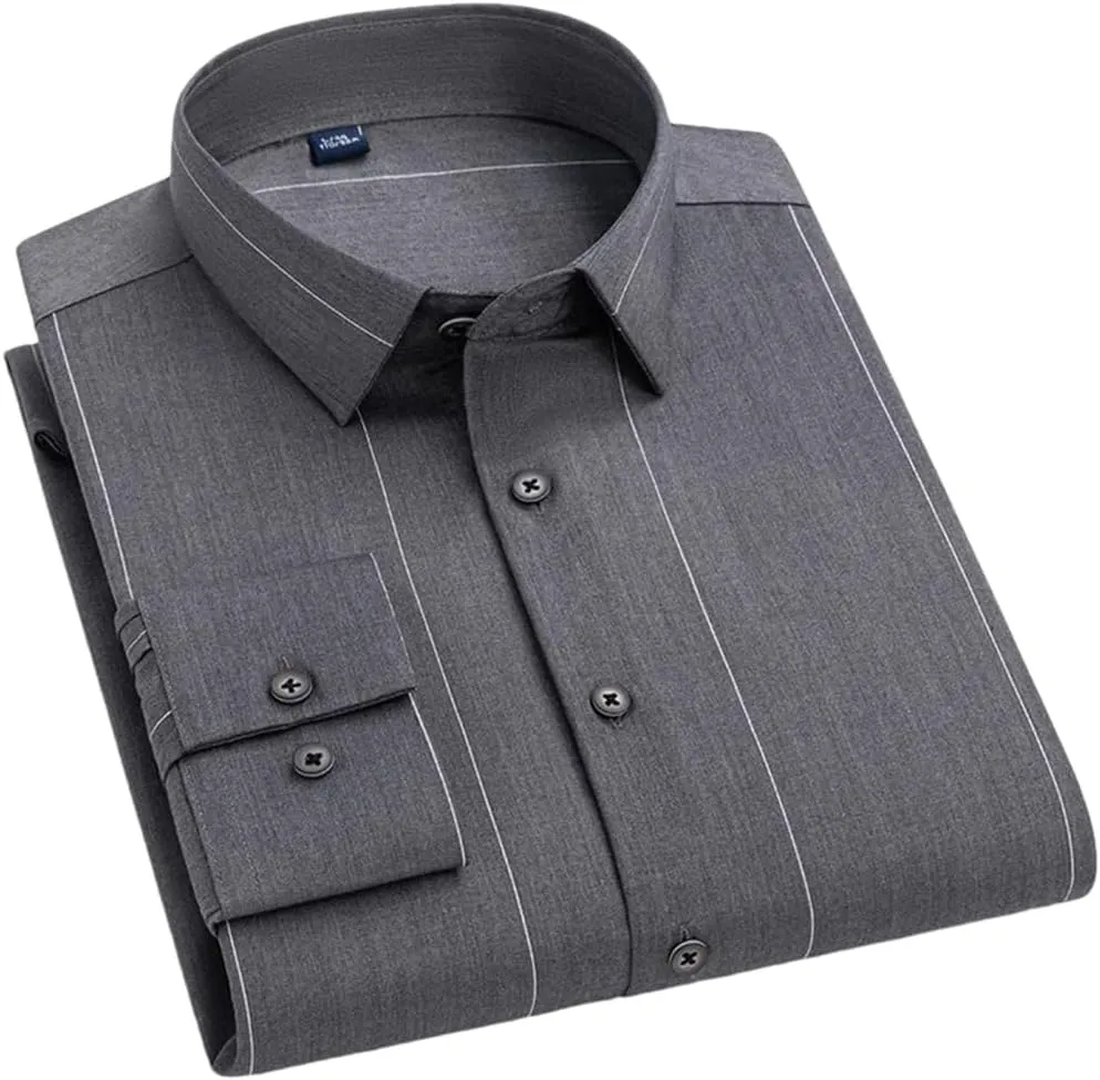 Men's Striped Elastic Formal Shirt Business Casual Regular Fit Long Sleeve Button Down Shirt
