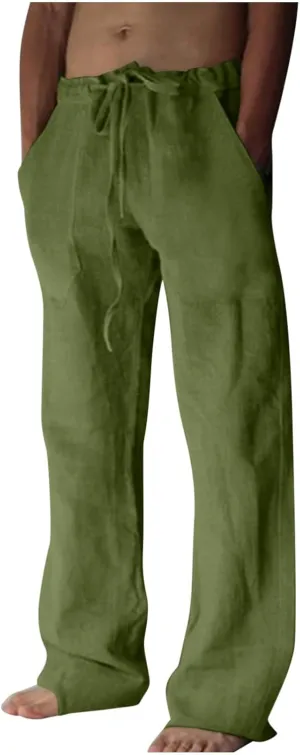 Men's Summer Cotton Linen Pants Solid Casual Drawstring Pant 2025 New Beach Vacation Trousers Business Work Clothes