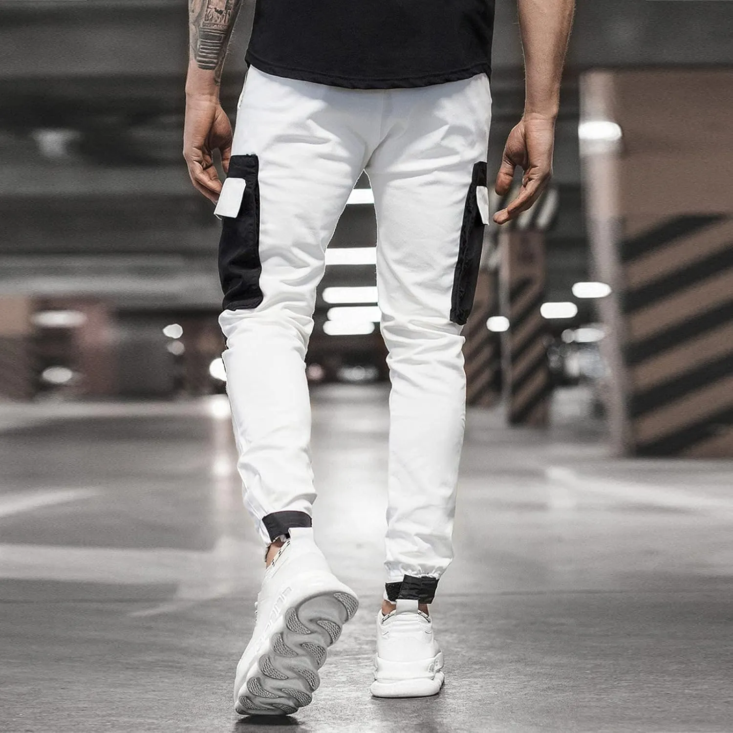 Mens Workout Cargo Sweatpants Pockets Pant Mens Cotton Linen Pants Loose Casual Lightweight Elastic Waist Drawstring