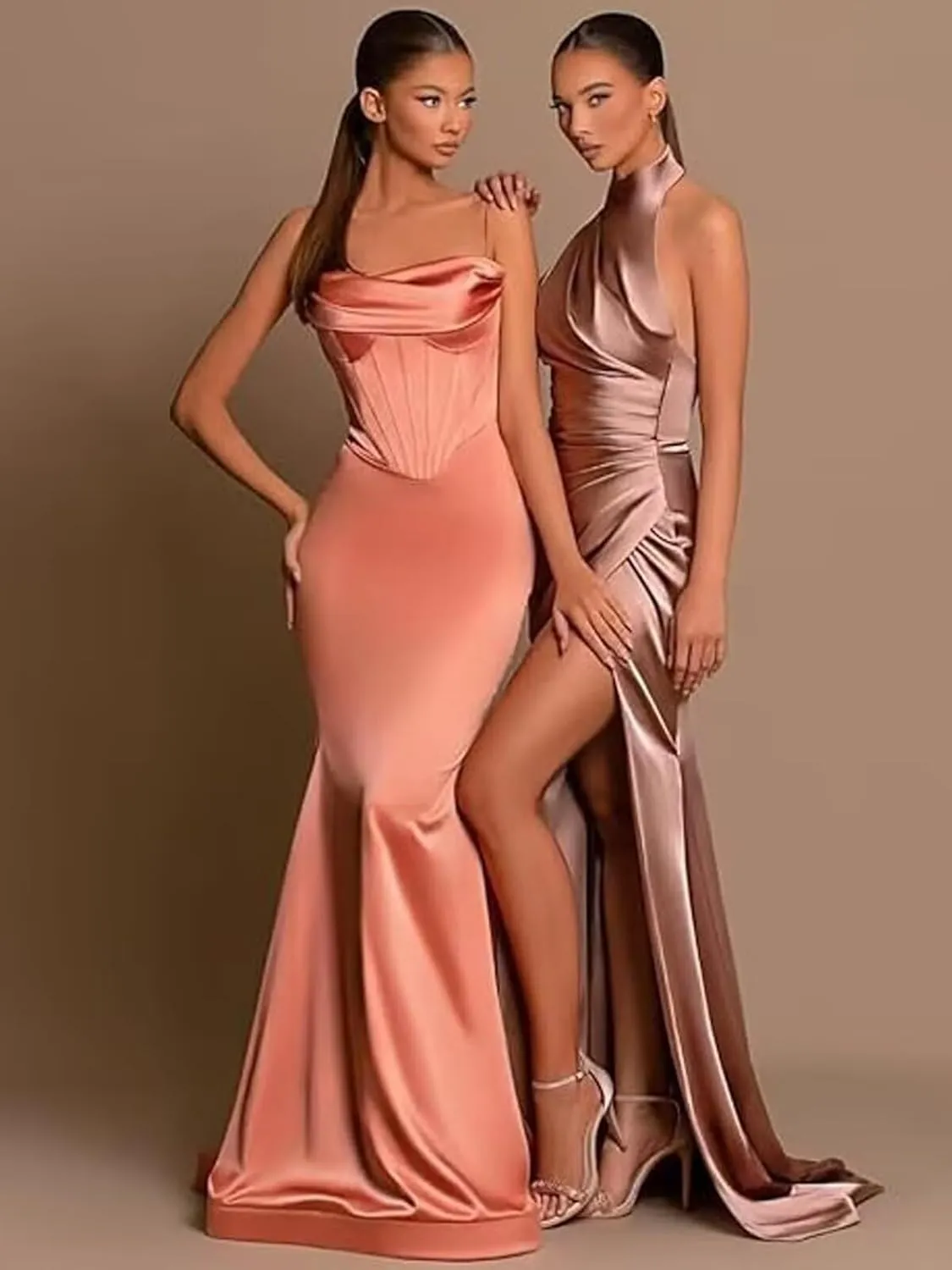 Mermaid Halter Bridesmaid Dresses Long Satin Prom Dress for Women with Slit Evening Formal Gown