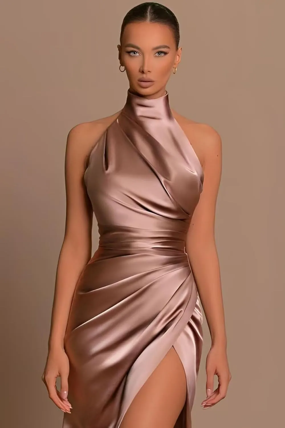 Mermaid Halter Bridesmaid Dresses Long Satin Prom Dress for Women with Slit Evening Formal Gown