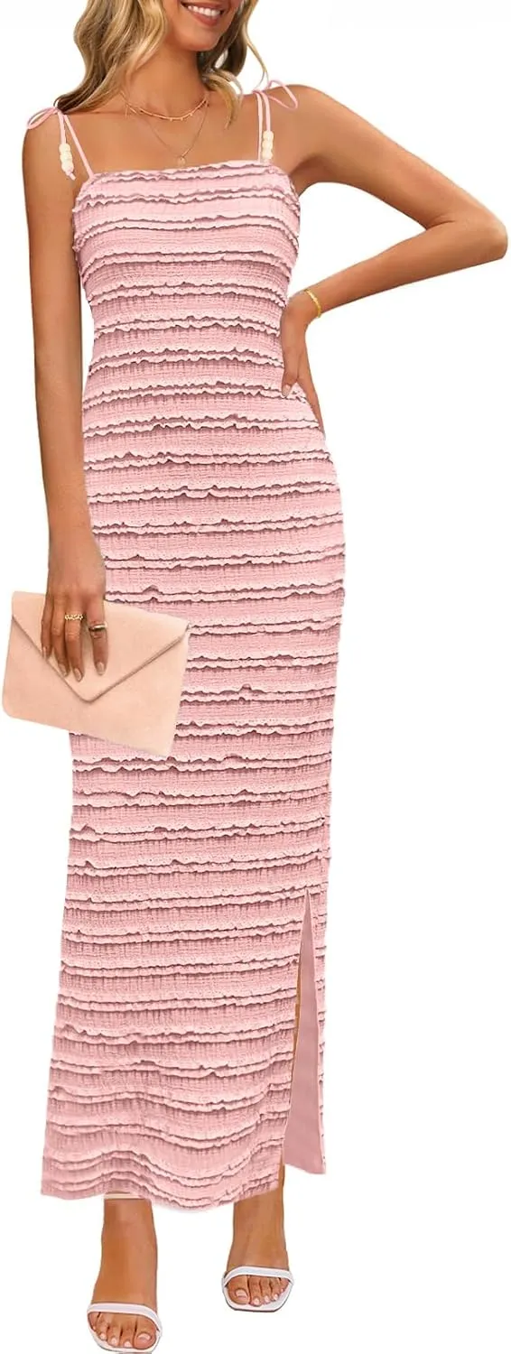 MEROKEETY Women's Summer Spaghetti Strap Sleeveless Bodycon Backless Textured Wedding Guest Cocktail Dress