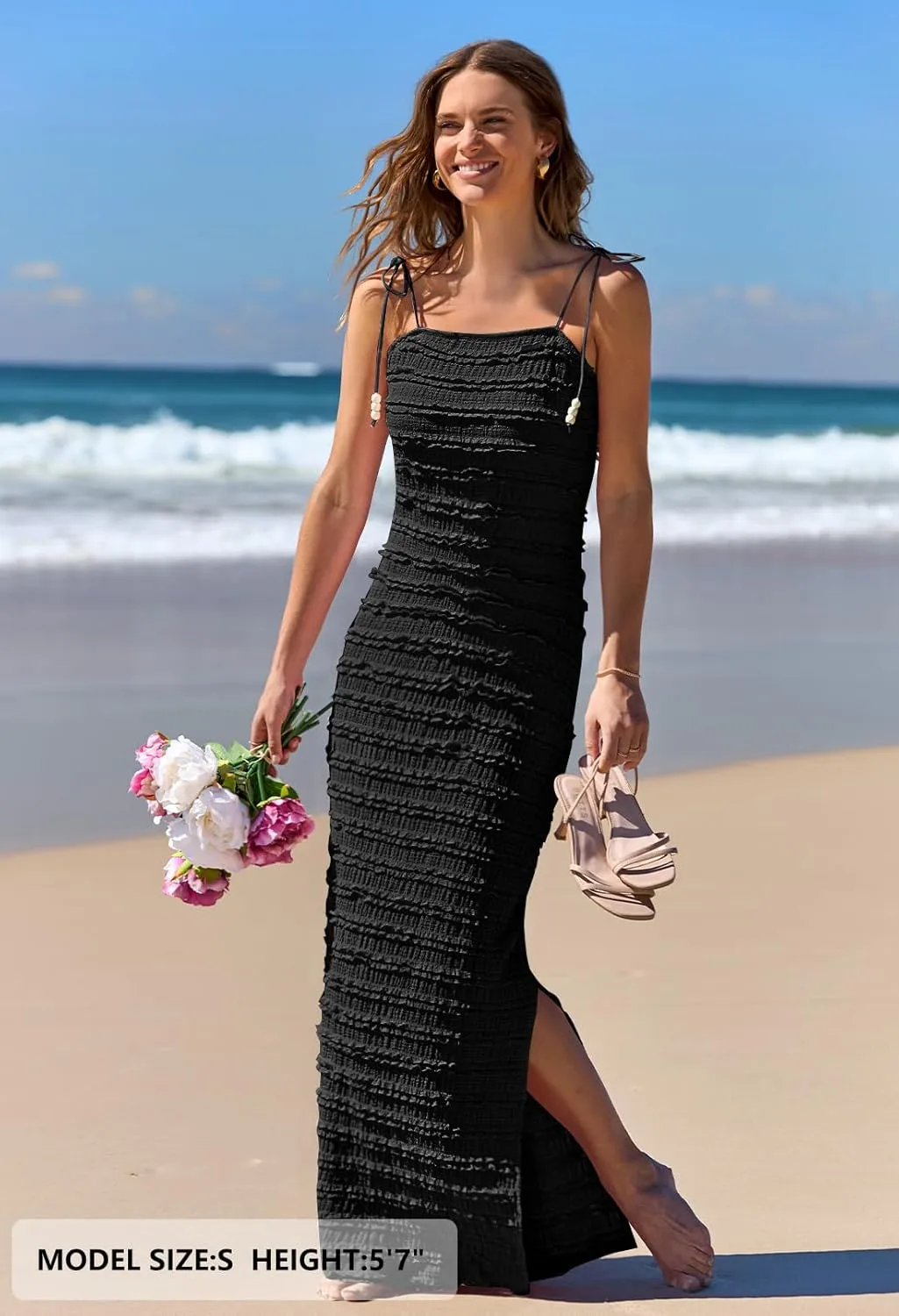 MEROKEETY Women's Summer Spaghetti Strap Sleeveless Bodycon Backless Textured Wedding Guest Cocktail Dress