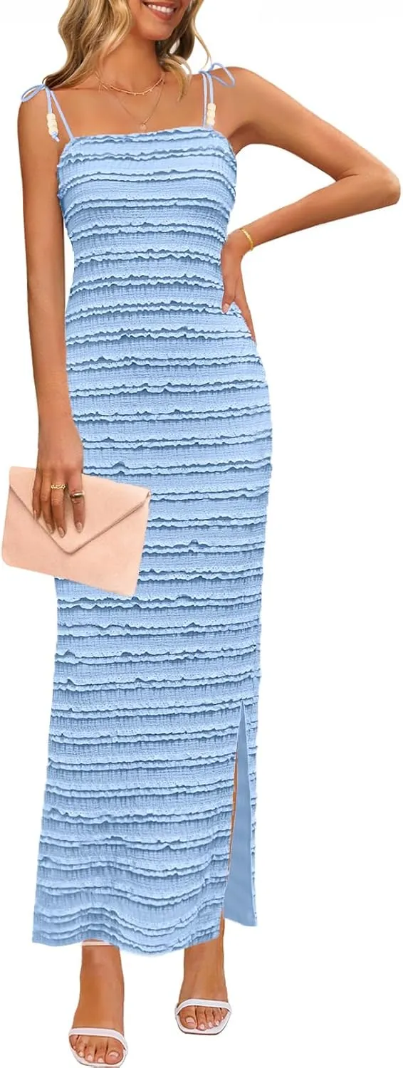 MEROKEETY Women's Summer Spaghetti Strap Sleeveless Bodycon Backless Textured Wedding Guest Cocktail Dress