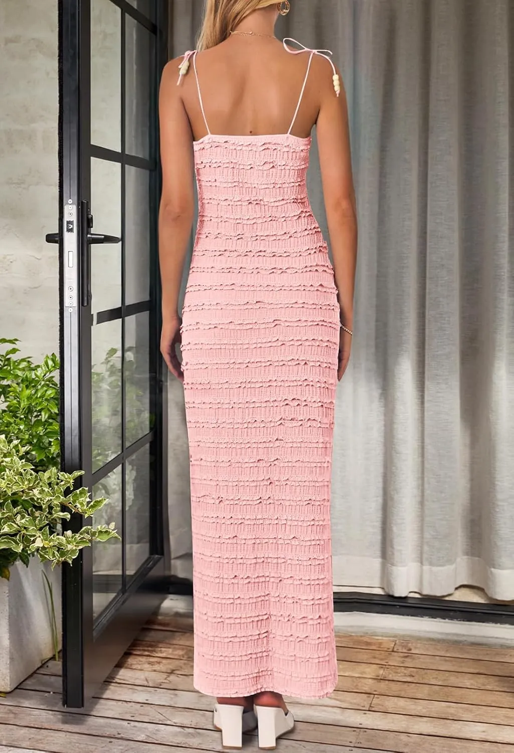 MEROKEETY Women's Summer Spaghetti Strap Sleeveless Bodycon Backless Textured Wedding Guest Cocktail Dress